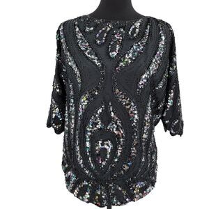 Silverleaf Blouse Womens Large Beaded Sequined Scalloped Hem Lined Vintage